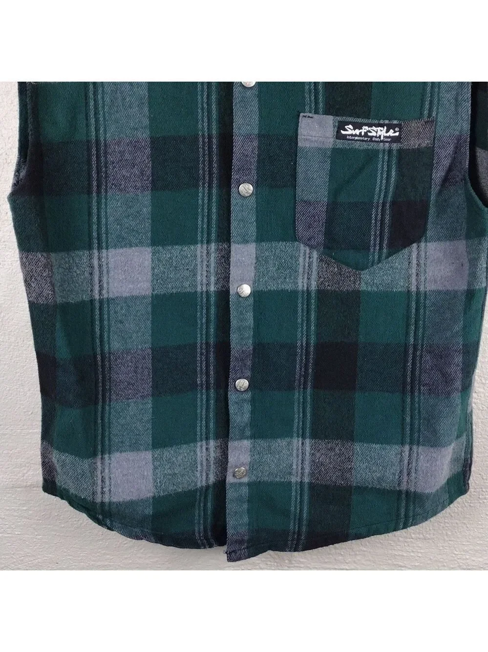 Surf Style Interplanetary Body Gear Green Windowpane Plaid Hooded Snap Up Vest